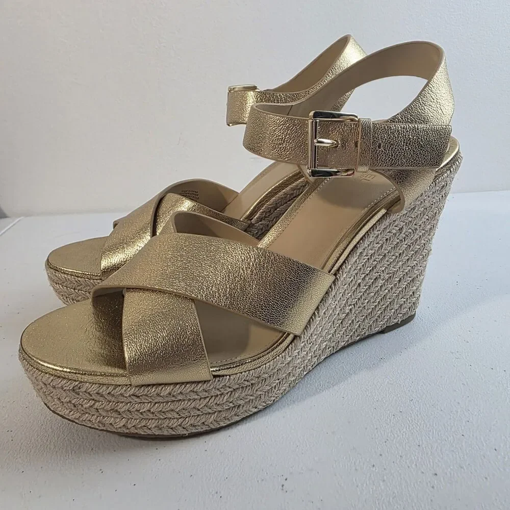 Michael Kors Espadrille Sandals Size 8.5 Platform Gold Leather Giovanna 5